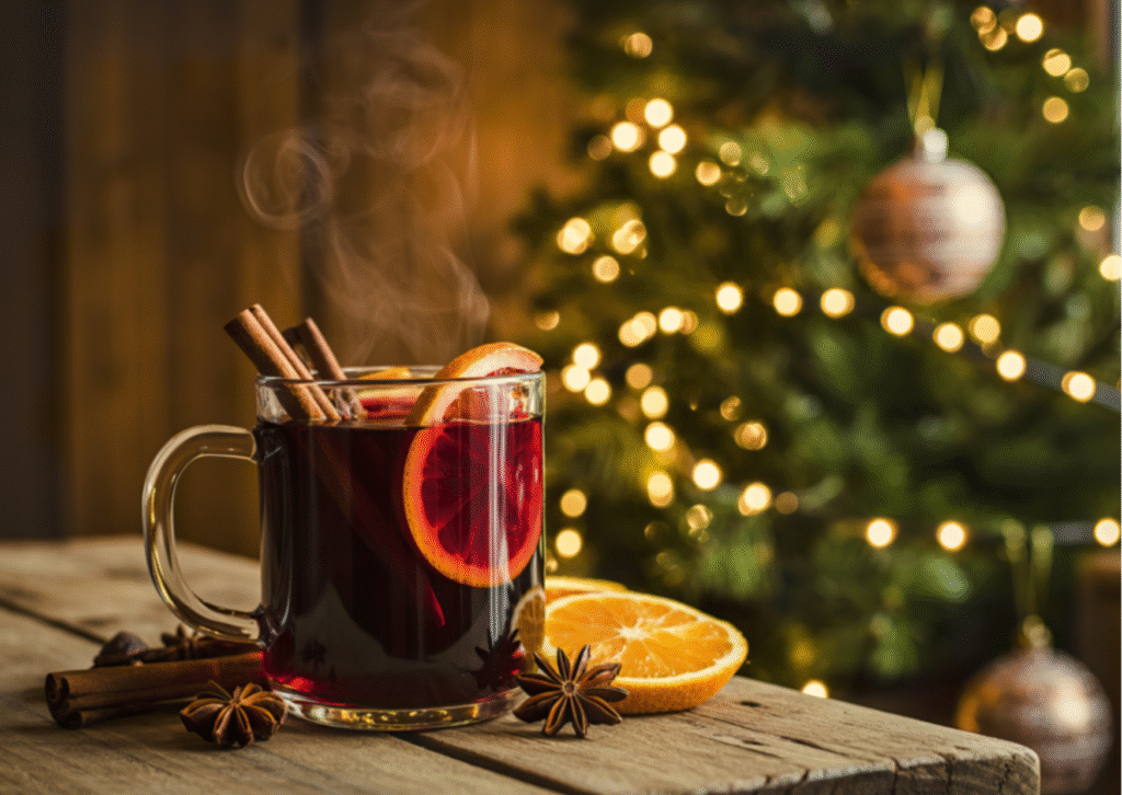 Mulled wine steaming on a wooden table with a Christmas tree in the background
