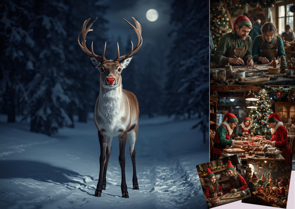 Rudolph The Red Nosed Reindeer in a moonlit forest with smaller images of elves in workshops.