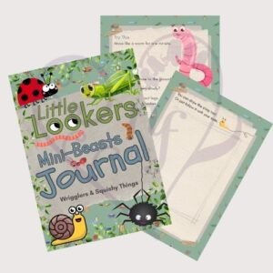 Calm, playful journal spread for young children exploring garden creatures.