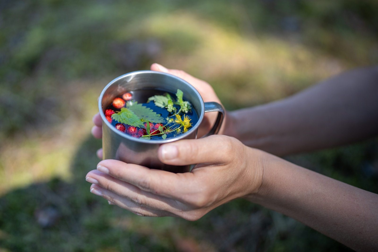 lose-up of hands holding a metal mug filled with herbal tea, floating leaves, and wild berries. A soothing image representing nature for burnout recovery and sensory support.